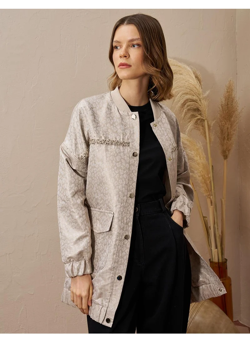 Kayra Stone Embellished Jacquard Jacket Stone