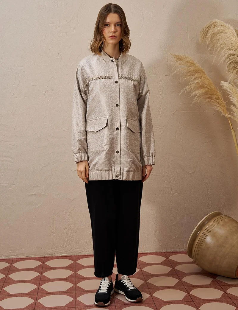 Kayra Stone Embellished Jacquard Jacket Stone
