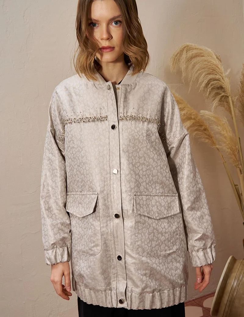 Kayra Stone Embellished Jacquard Jacket Stone