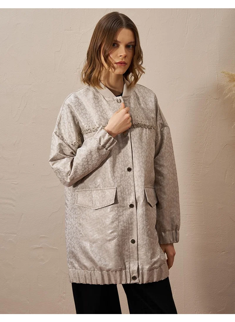 Kayra Stone Embellished Jacquard Jacket Stone