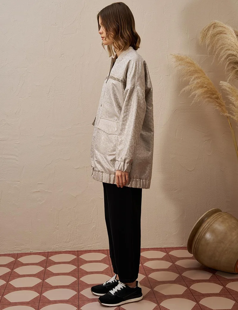 Kayra Stone Embellished Jacquard Jacket Stone