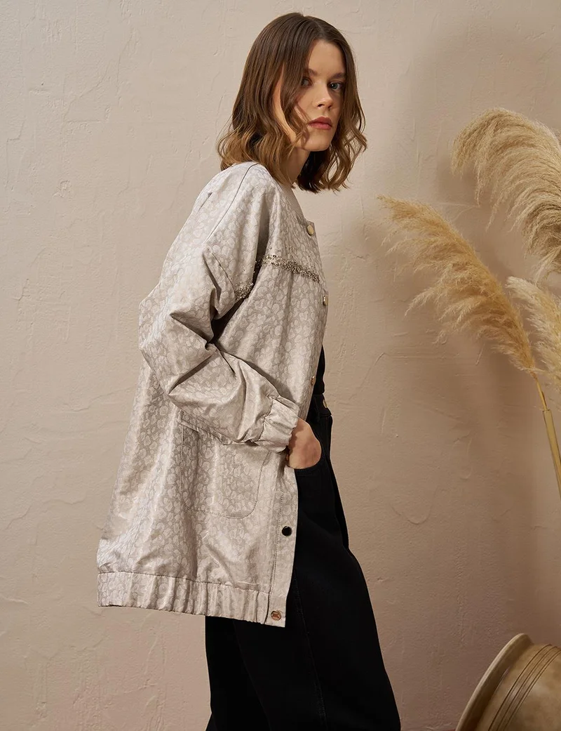 Kayra Stone Embellished Jacquard Jacket Stone