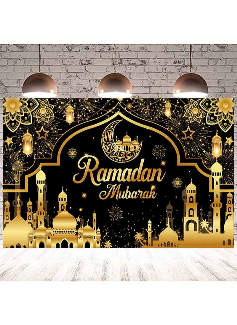 Aikanbo - Black and Gold Ramadan Mubarak Backdrop Banner, Muslim Eid Kareem Banner, Photo Booth Props for Home and Garden Ramadan Party Decorations Supplies-180 x 110cm - Image 1