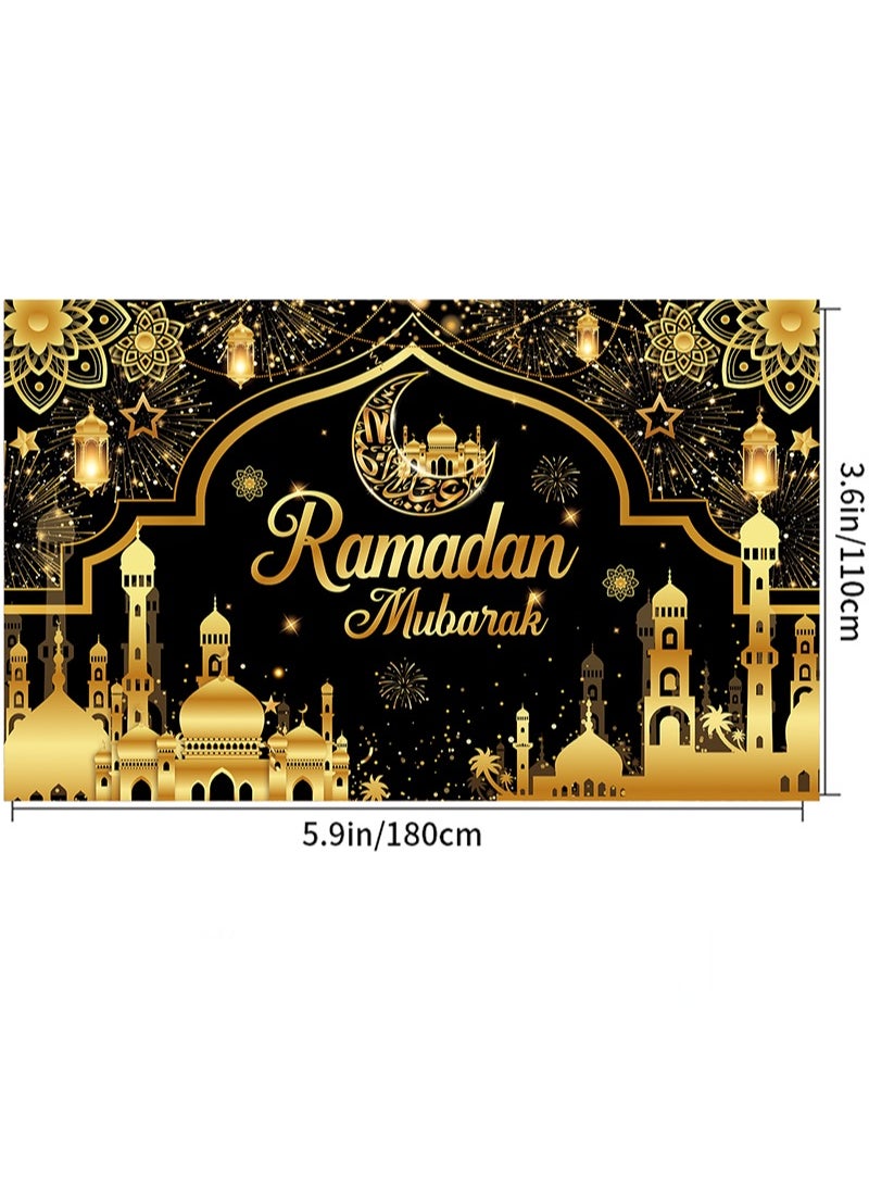 Aikanbo - Black and Gold Ramadan Mubarak Backdrop Banner, Muslim Eid Kareem Banner, Photo Booth Props for Home and Garden Ramadan Party Decorations Supplies-180 x 110cm - Image 1