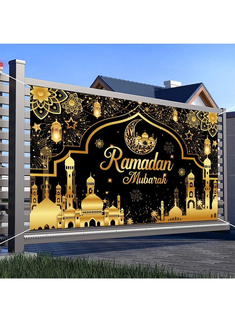 Aikanbo - Black and Gold Ramadan Mubarak Backdrop Banner, Muslim Eid Kareem Banner, Photo Booth Props for Home and Garden Ramadan Party Decorations Supplies-180 x 110cm - Image 1