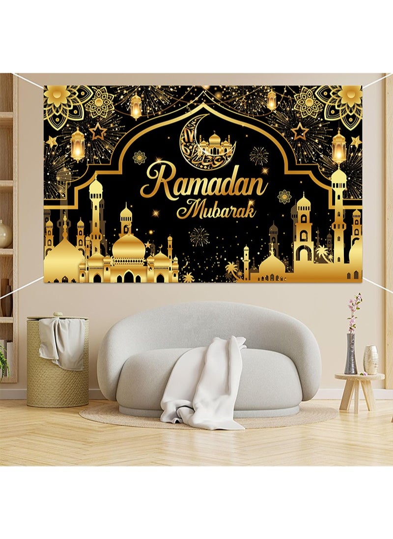 Aikanbo - Black and Gold Ramadan Mubarak Backdrop Banner, Muslim Eid Kareem Banner, Photo Booth Props for Home and Garden Ramadan Party Decorations Supplies-180 x 110cm - Image 1