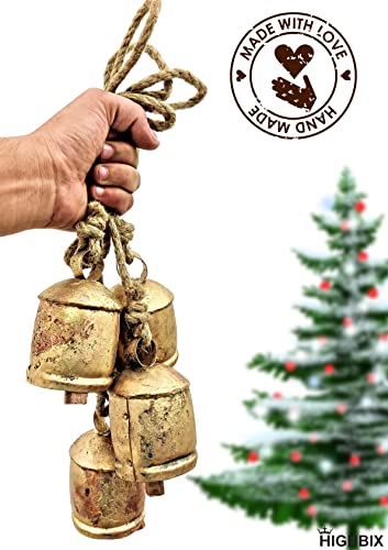 HIGHBIX Harmony 4 Cow Bells Cluster on Rope Large Rustic Vintage Lucky Cow Bells On Rope Wall Hanging Décor (Gold) - Image 3