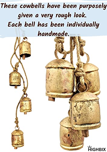 HIGHBIX Harmony 4 Cow Bells Cluster on Rope Large Rustic Vintage Lucky Cow Bells On Rope Wall Hanging Décor (Gold) - Image 4