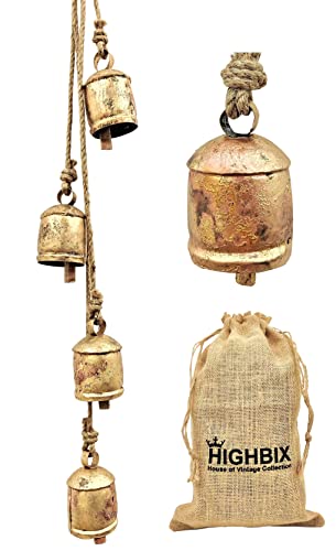 HIGHBIX Harmony 4 Cow Bells Cluster on Rope Large Rustic Vintage Lucky Cow Bells On Rope Wall Hanging Décor (Gold) - Image 1