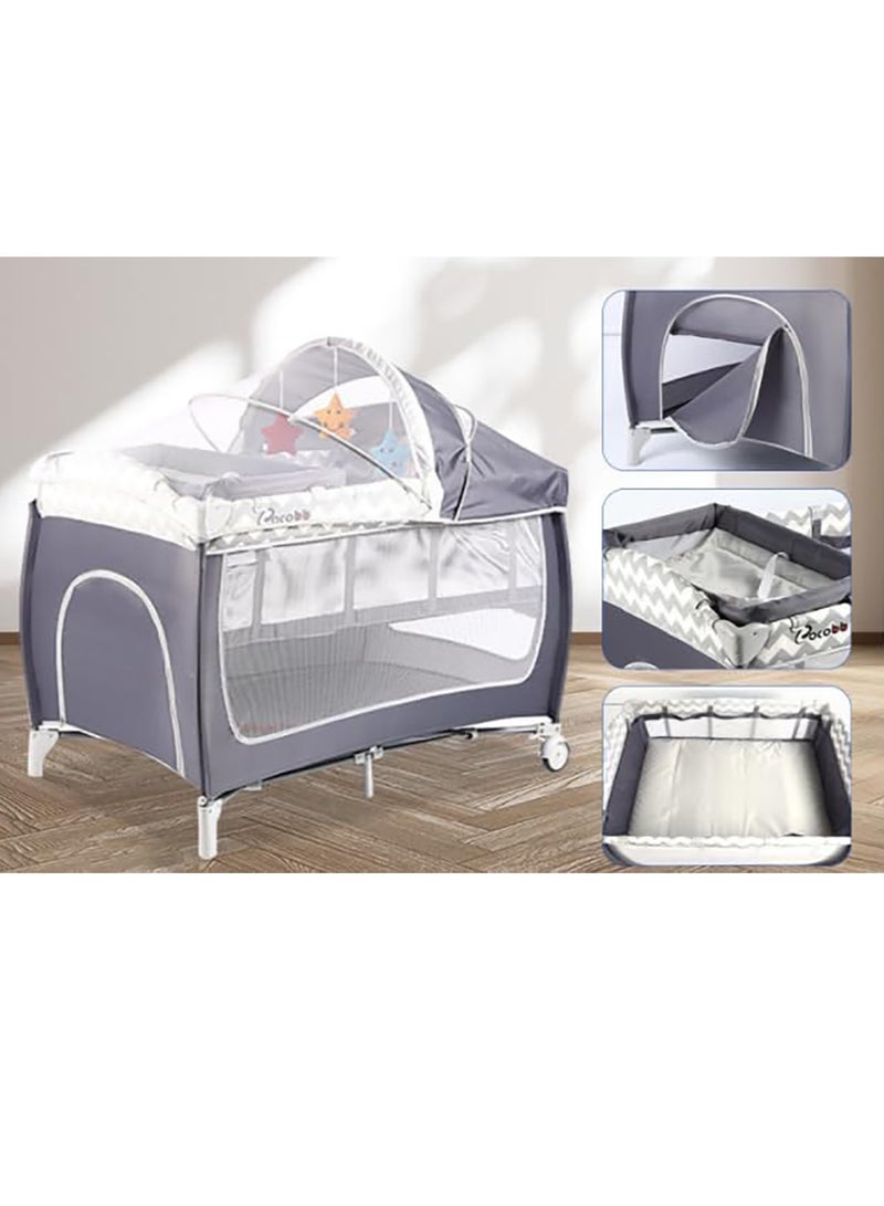 عام سرير أطفال، ساحة لعب محمولة، مركز حضانة فاخر قابل للطي، سرير متحرك متعدد الوظائف مع طاولة حفاضات قابلة للإزالة، ألعاب جميلة، شبكة سرير، سرير سفر محمول بعجلات (رمادي) - Image 3