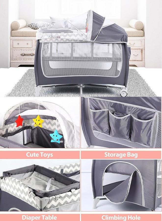 عام سرير أطفال، ساحة لعب محمولة، مركز حضانة فاخر قابل للطي، سرير متحرك متعدد الوظائف مع طاولة حفاضات قابلة للإزالة، ألعاب جميلة، شبكة سرير، سرير سفر محمول بعجلات (رمادي) - Image 5
