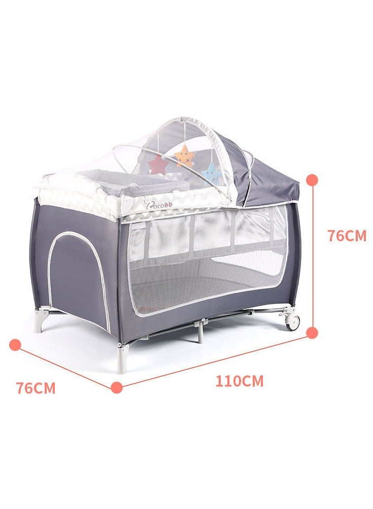 عام سرير أطفال، ساحة لعب محمولة، مركز حضانة فاخر قابل للطي، سرير متحرك متعدد الوظائف مع طاولة حفاضات قابلة للإزالة، ألعاب جميلة، شبكة سرير، سرير سفر محمول بعجلات (رمادي) - Image 2