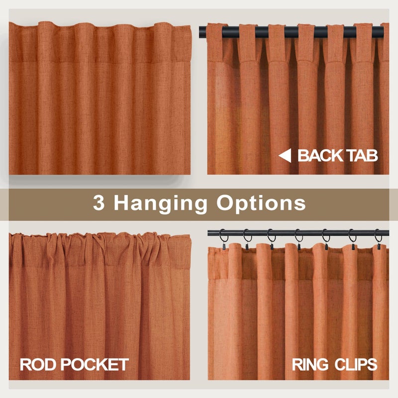 Pitalk Burnt Orange Curtains 84 Inch Length for Living Room 2 Panels Back Tab Pocket Flax Linen Blend Drapes Light Filtering Semi Sheer Boho Curtain for Bedroom Bohemian Farmhouse Rust Copper Brown - Image 4
