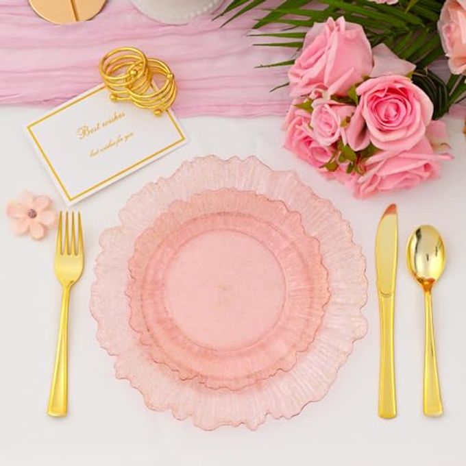 ISFANGCO 60Pcs Premium Pink Floral Plastic Plates, Fancy Clear Glitter Pink Disposable Plate, Christmas Plates, Heavy Duty Plastic Plato include 30 10" Dinner & 30 7.5" Dessert Plato for Wedding