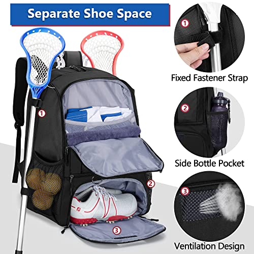 GOBUROS Lacrosse Bag, Lacrosse Equipment Backpack with Stick Holder and Hidden Zipper Net Holds All Lacrosse or Field Hockey Gears, Separate Ventilated Shoe Space Hold Up to US Mens 13, Black - Image 3