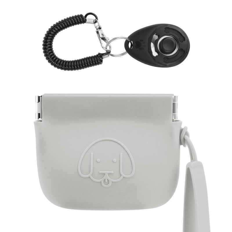 WALLFID Silicone Dog Treat Pouch Small Bag,Auto Closure,with Pet Training Clicker,Walking Bag for Dog and Cat,Pocket Size,Easy to Clean,Odorless (light grey) - Image 1