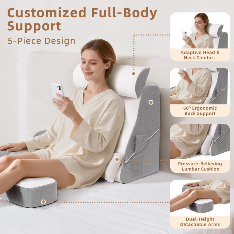 ESUERDO 5PCS Reading Pillow for Sitting in Bed Adult, 2 in 1 Foldable Back Wedge Pillow for Sleep, Ergonomic Back Support Pillow with Arms for Watching TV, Gaming, Working, Recovery, 19â€ White/Grey - Image 4
