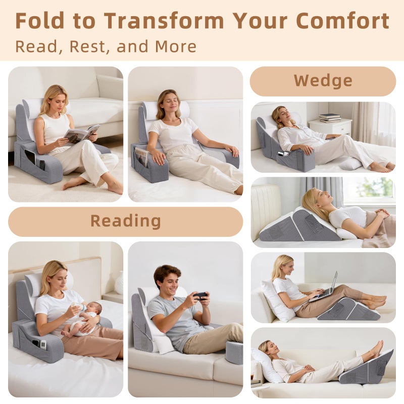 ESUERDO 5PCS Reading Pillow for Sitting in Bed Adult, 2 in 1 Foldable Back Wedge Pillow for Sleep, Ergonomic Back Support Pillow with Arms for Watching TV, Gaming, Working, Recovery, 19â€ White/Grey - Image 3