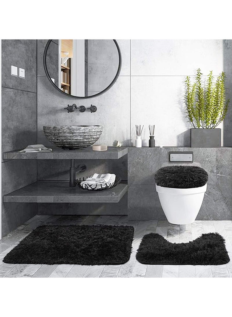 XiuWoo 3 Piece Fluff Bath Mat Rug Set, Non-Slip Bathroom Rugs 20 * 31 Inches Floor Mat and 20 * 16 Inches U-Shaped Contour Rug Toilet Lid Cover,Absorbent Microfiber Bathroom Carpet Rug(Black) - Image 1