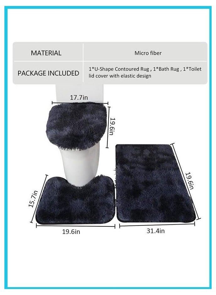 XiuWoo 3 Piece Fluff Bath Mat Rug Set, Non-Slip Bathroom Rugs 20 * 31 Inches Floor Mat and 20 * 16 Inches U-Shaped Contour Rug Toilet Lid Cover,Absorbent Microfiber Bathroom Carpet Rug(Black) - Image 2