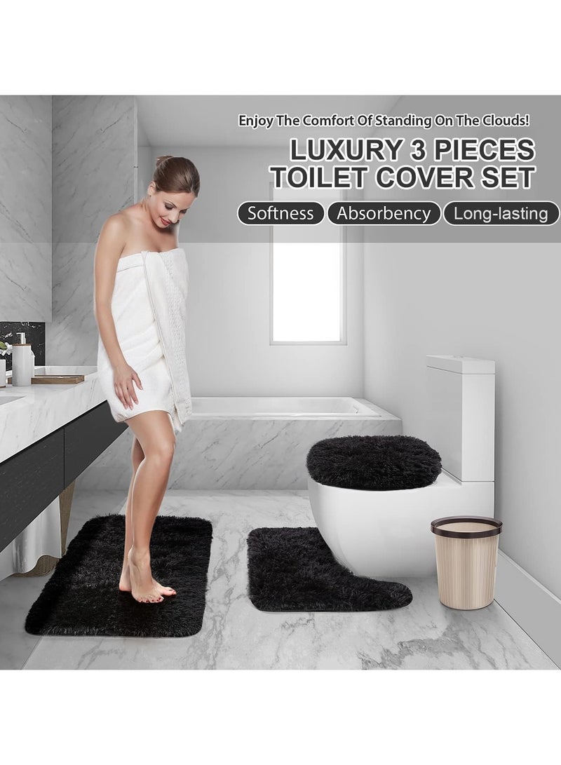 XiuWoo 3 Piece Fluff Bath Mat Rug Set, Non-Slip Bathroom Rugs 20 * 31 Inches Floor Mat and 20 * 16 Inches U-Shaped Contour Rug Toilet Lid Cover,Absorbent Microfiber Bathroom Carpet Rug(Black) - Image 3