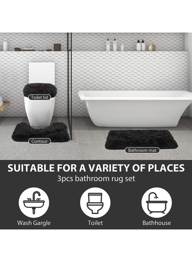 XiuWoo 3 Piece Fluff Bath Mat Rug Set, Non-Slip Bathroom Rugs 20 * 31 Inches Floor Mat and 20 * 16 Inches U-Shaped Contour Rug Toilet Lid Cover,Absorbent Microfiber Bathroom Carpet Rug(Black) - Image 5