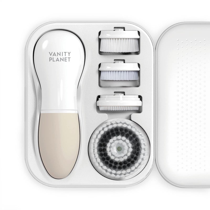 Raedia Handheld Facial Cleansing Brush with 4 Interchangeable Brush Heads by Vanity Planet  Lightweight Daily Cleansing Brush for Glowing Skin  Water Resistant Face Exfoliator  Warm Grey