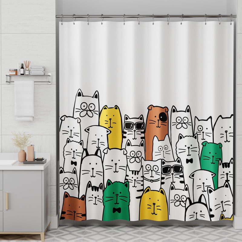 AmazerBath Shower Curtain, Washable Cute Kitty Carnival Cloth Shower Curtain Set with 12 Metal Hooks, Kawaii Waterproof Fabric Black and White Shower Curtain for Kids' Bathroom, 72x72 Inches - Image 1