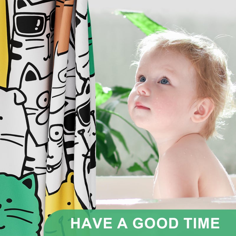 AmazerBath Shower Curtain, Washable Cute Kitty Carnival Cloth Shower Curtain Set with 12 Metal Hooks, Kawaii Waterproof Fabric Black and White Shower Curtain for Kids' Bathroom, 72x72 Inches - Image 2