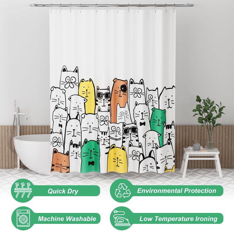 AmazerBath Shower Curtain, Washable Cute Kitty Carnival Cloth Shower Curtain Set with 12 Metal Hooks, Kawaii Waterproof Fabric Black and White Shower Curtain for Kids' Bathroom, 72x72 Inches - Image 3