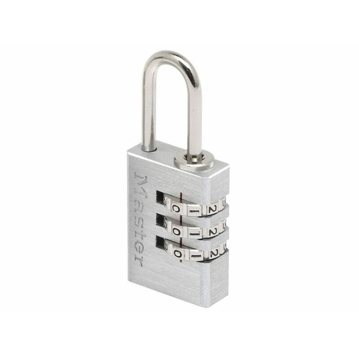 Master Lock 7620EURDCC Aluminium 3-Dial Combination Padlock, 20mm Wide, Brushed Grey, Set-Your-Own, 3mm x 21mm Chrome-Plated Steel Shackle, for Bags, Luggage, Gym Bags, Briefcases and Backpacks
