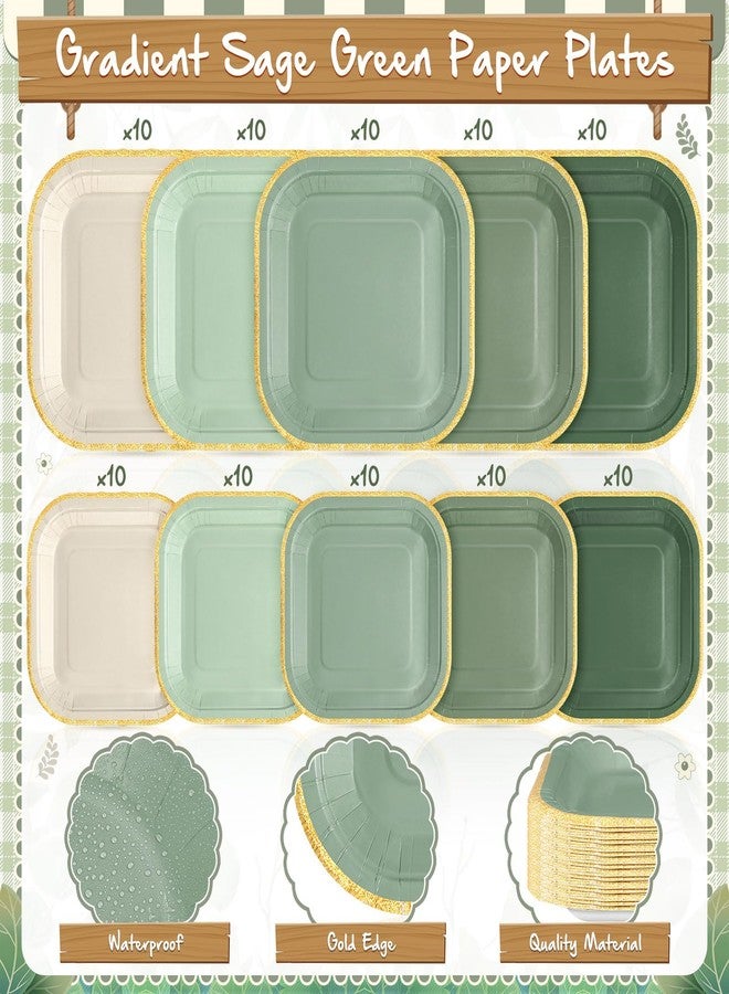 Zhehao أطباق ومناشف زهاو 150 قطعة باللون الأخضر المريمي تشمل 50 قطعة من الأطباق الورقية المربعة باللون الأخضر المتدرج بحجم 7" و 9"، و50 منشفة مزخرفة لحفلات استقبال المواليد، وحفلات الزفاف، وزينة حفلات عيد الميلاد. - Image 3