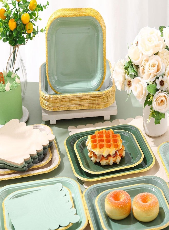 Zhehao أطباق ومناشف زهاو 150 قطعة باللون الأخضر المريمي تشمل 50 قطعة من الأطباق الورقية المربعة باللون الأخضر المتدرج بحجم 7" و 9"، و50 منشفة مزخرفة لحفلات استقبال المواليد، وحفلات الزفاف، وزينة حفلات عيد الميلاد. - Image 2