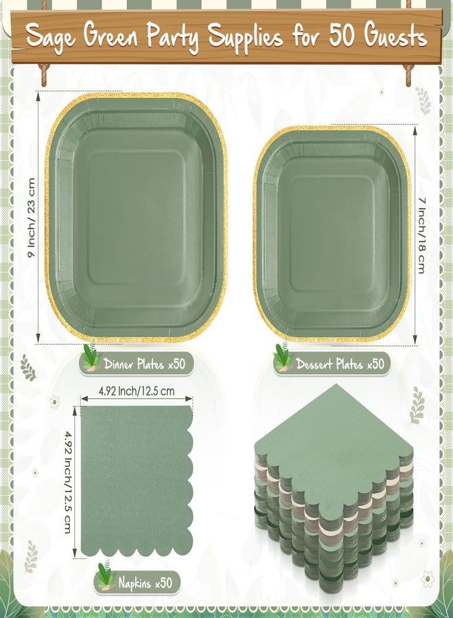 Zhehao أطباق ومناشف زهاو 150 قطعة باللون الأخضر المريمي تشمل 50 قطعة من الأطباق الورقية المربعة باللون الأخضر المتدرج بحجم 7" و 9"، و50 منشفة مزخرفة لحفلات استقبال المواليد، وحفلات الزفاف، وزينة حفلات عيد الميلاد. - Image 5