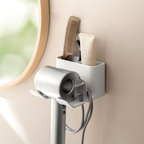 PAVSTINE Dyson Hair Dryer Holder - Universal Wall Mount Blow Dryer Holder with Strong Self Adhesive, Plug&Cord Organizer Rack for Bathroom, Vanity, Cabinet, White - Image 1
