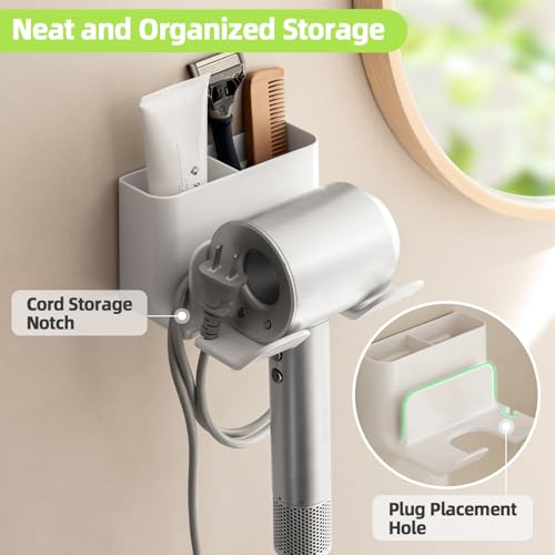 PAVSTINE Dyson Hair Dryer Holder - Universal Wall Mount Blow Dryer Holder with Strong Self Adhesive, Plug&Cord Organizer Rack for Bathroom, Vanity, Cabinet, White - Image 2