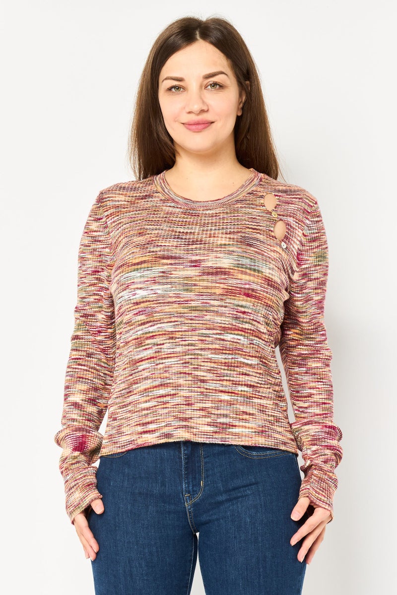 promod Women Crew Neck Long Sleeve Yarn Dye Sweater, Multicolor - Image 1