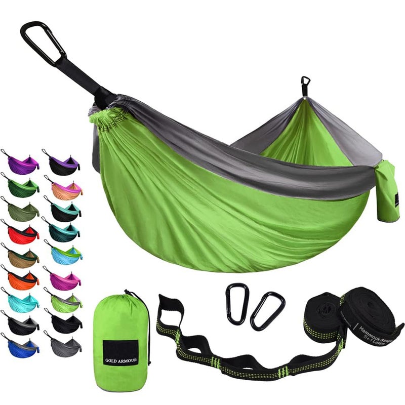 Gold Armour Camping Hammock  Portable Hammock Single Hammock Camping Accessories Gear for Outdoor Indoor Adult Kids USA Based Brand Lime Green  Grey