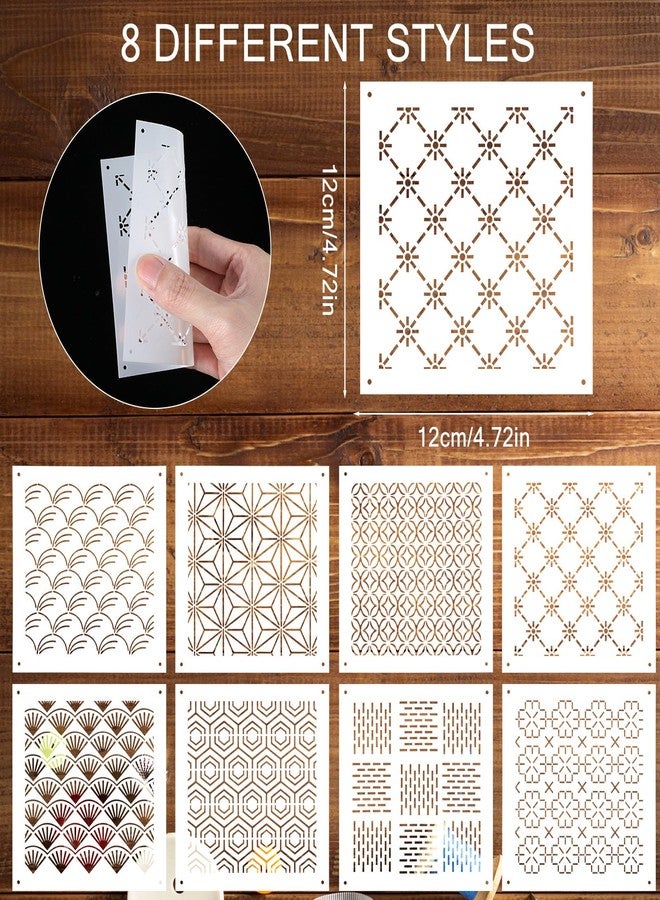 Quilax 8Pcs Sashiko Stencil Set, 4.72x4.72 Reusable Embroidery Templates, Geometric-Sashiko Pattern Template, Handmade PET Sashiko Kit with for Hand Quilting and Embroidery - Image 2