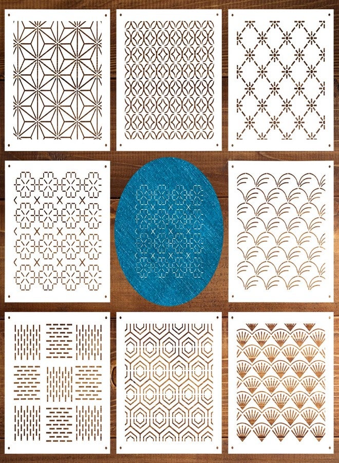 Quilax 8Pcs Sashiko Stencil Set, 4.72x4.72 Reusable Embroidery Templates, Geometric-Sashiko Pattern Template, Handmade PET Sashiko Kit with for Hand Quilting and Embroidery - Image 1