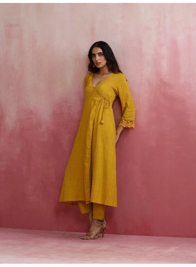 trueBrowns Mustard Cotton Dobby Kurta Set