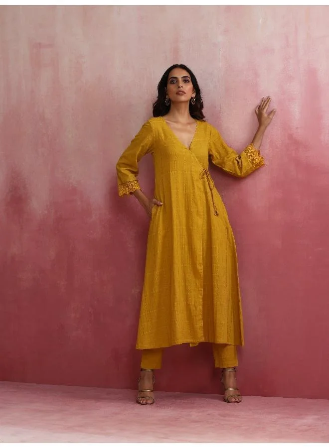 trueBrowns Mustard Cotton Dobby Kurta Set