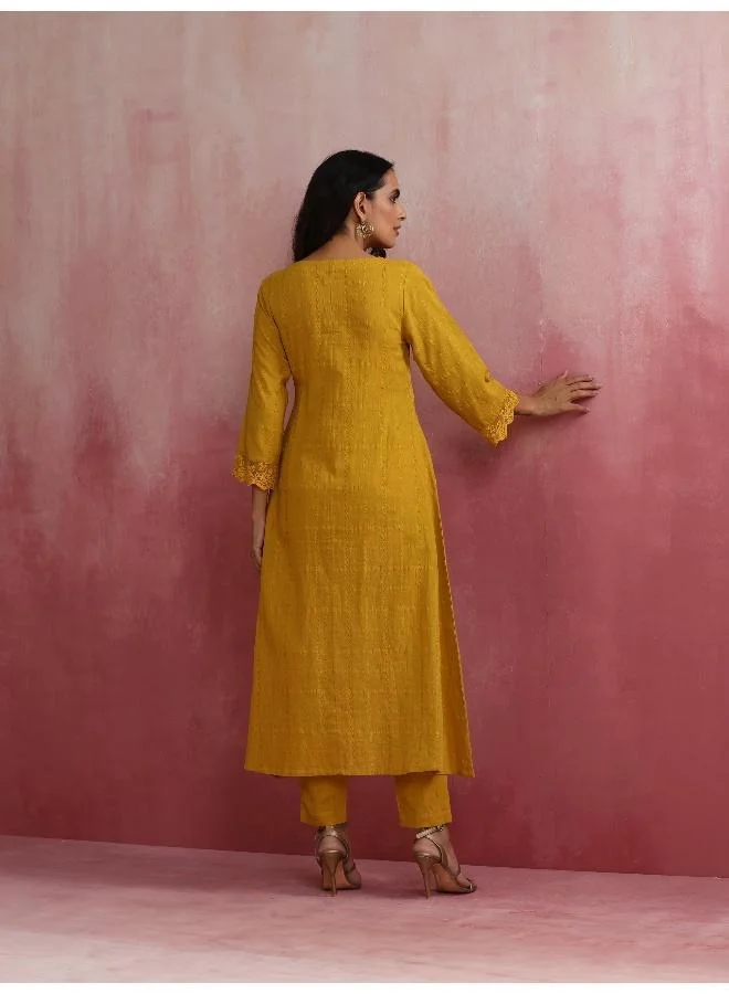 trueBrowns Mustard Cotton Dobby Kurta Set
