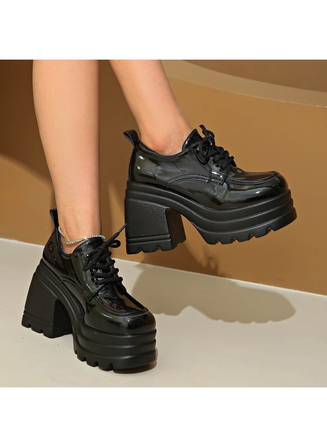 Women's Black Patent Platform Lace-Up Chunky Heel Oxford Shoes - Image 5