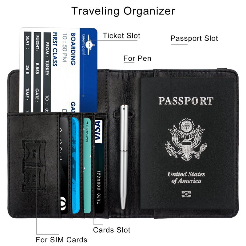 WALNEW Passport Holder for Travel, RFID Passport Cover Wallet for Women Men, PU Leather Passport Book Card Holder Case with Pen, Travelling Essentials for Flying - Image 3