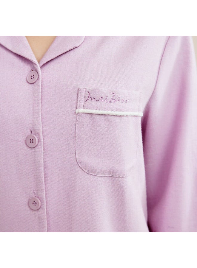 Meibiao Autumn Winter New Woven 100% Cotton Couple Long Sleeve Pajamas Women's Lapel Pure Cotton Men's Homewear Crystal Purple L - Image 4
