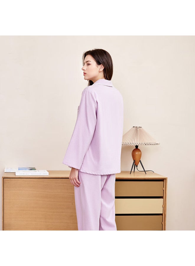 Meibiao Autumn Winter New Woven 100% Cotton Couple Long Sleeve Pajamas Women's Lapel Pure Cotton Men's Homewear Crystal Purple L - Image 5