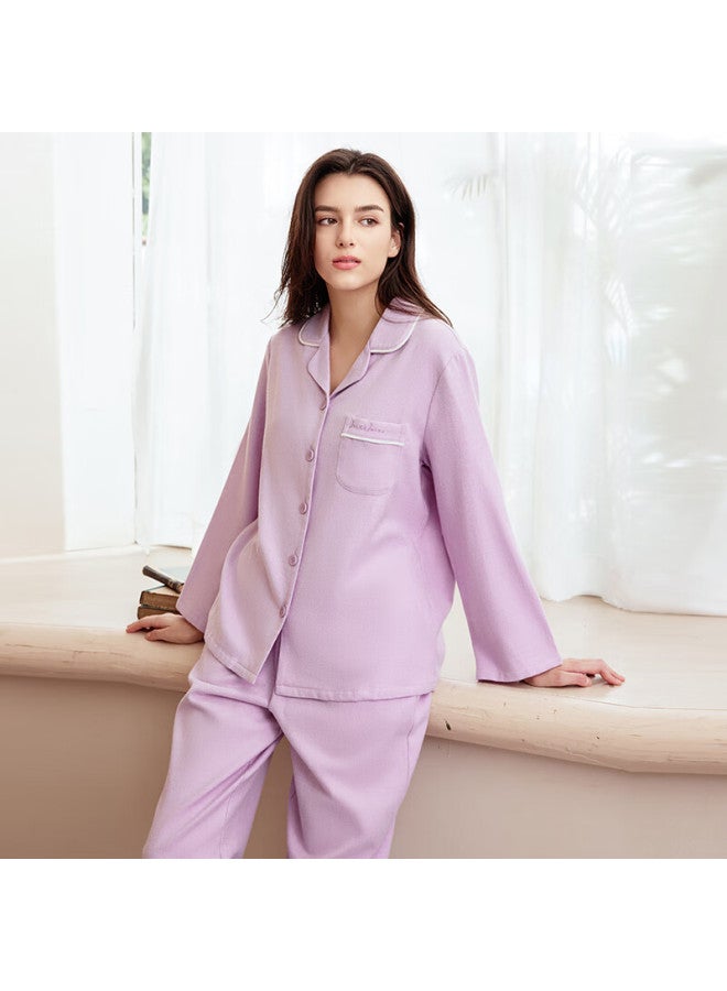 Meibiao Autumn Winter New Woven 100% Cotton Couple Long Sleeve Pajamas Women's Lapel Pure Cotton Men's Homewear Crystal Purple L - Image 3