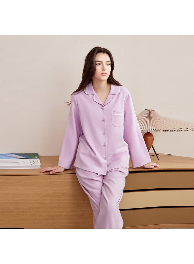 Meibiao Autumn Winter New Woven 100% Cotton Couple Long Sleeve Pajamas Women's Lapel Pure Cotton Men's Homewear Crystal Purple L - Image 2