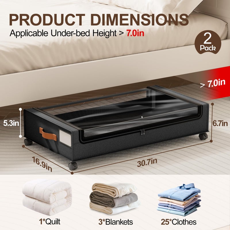 LAMU Under Bed Storage with Wheels, 2 Pack Under Bed Storage Containers with Clear Lid, XXL 60L Underbed Storage Bins, Rolling Under Bed Metal Drawers for Clothes, Blankets, Shoes, Black - Image 2